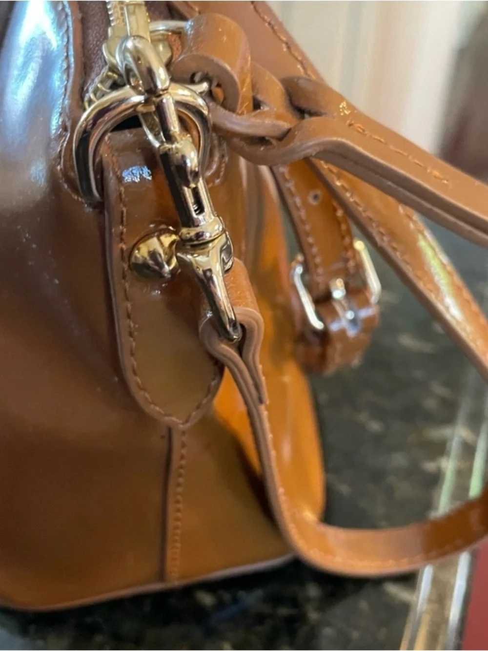 Dooney & Bourke Mini Cognac Patent Leather Crossbody Satchel 10” x 8”